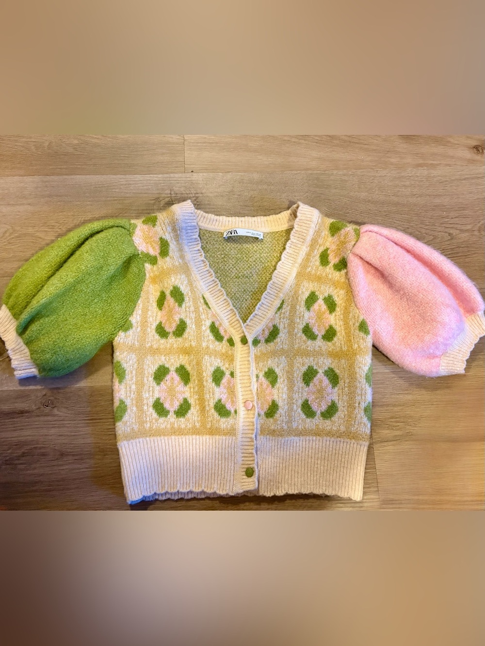 Zara Cream Cardigan with Pink and Green Puff Sleeves S